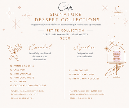 Cafe dessert collection menu with dessert options and pricing on a light background