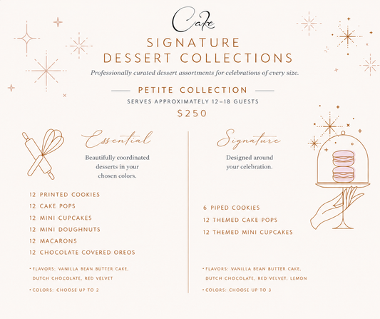 Cafe dessert collection menu with dessert options and pricing on a light background