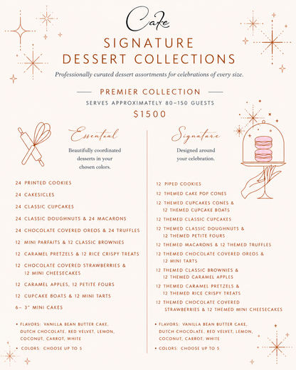 Café dessert collection menu with text and graphics on a white background
