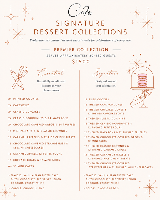 Café dessert collection menu with text and graphics on a white background